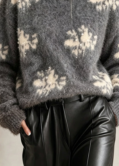 French Grey O Neck Print Nail Bead Knit Sweater Fall