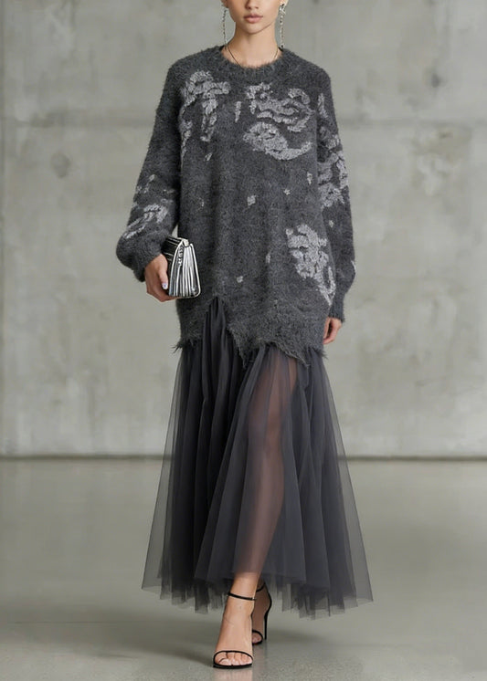 French Grey O Neck Tulle Patchwork Knit Dress Spring