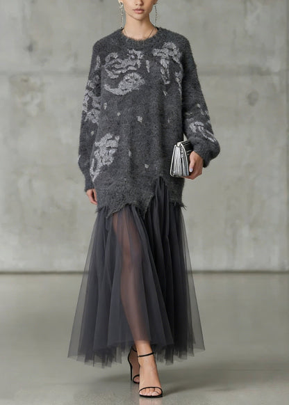 French Grey O Neck Tulle Patchwork Knit Dress Spring