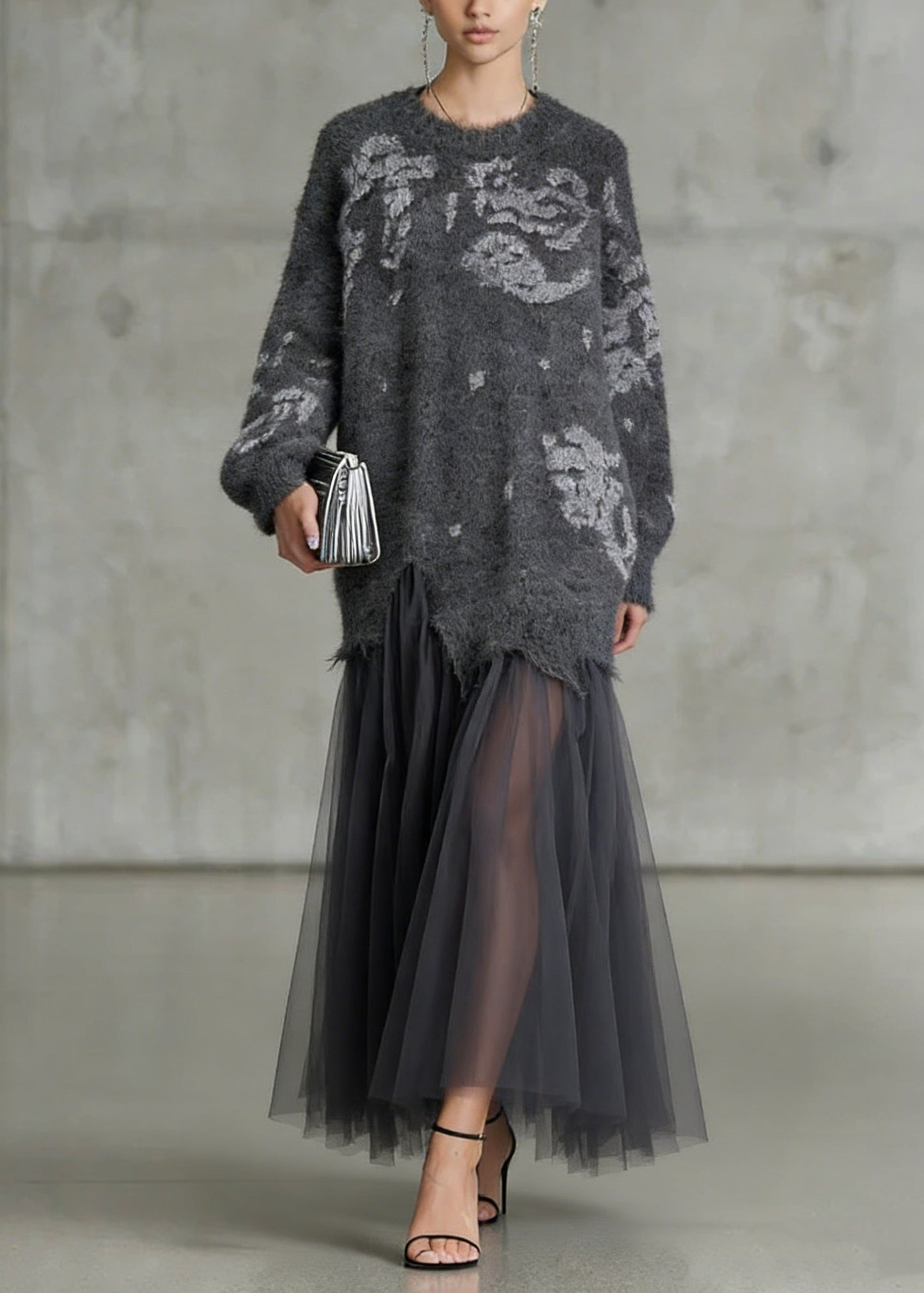 French Grey O Neck Tulle Patchwork Knit Dress Spring