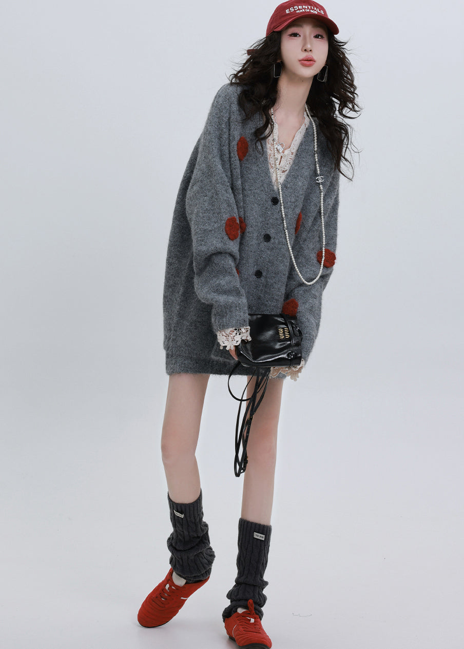 French Grey Oversized Flower Decorated Knit Loose Jacket Winter