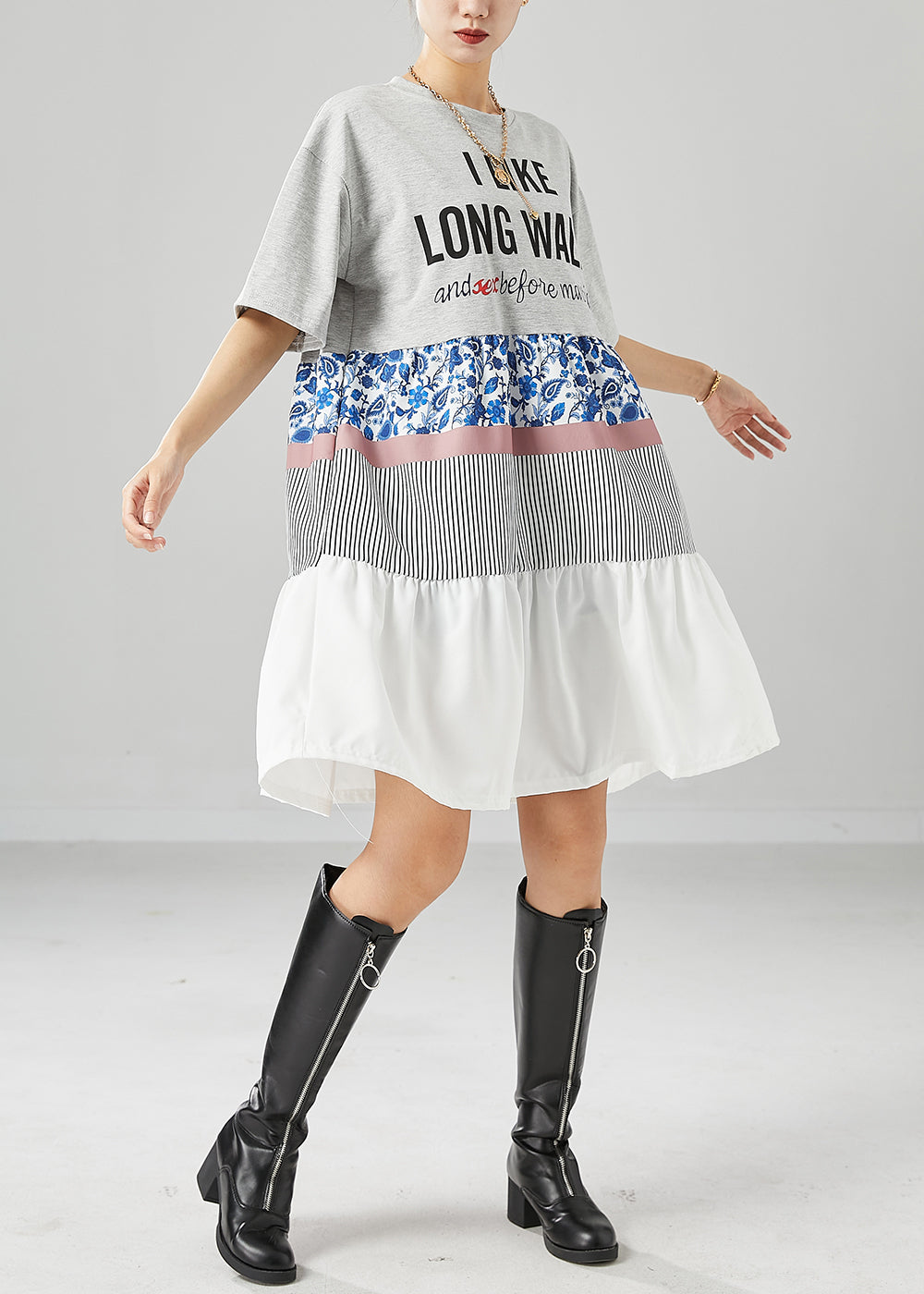 French Grey Oversized Patchwork Ruffles Cotton Holiday Dress Summer