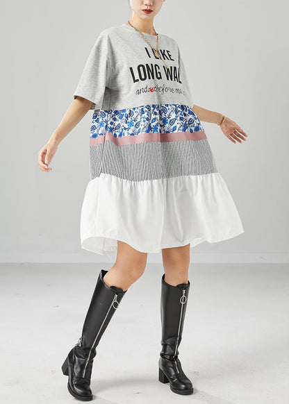 French Grey Oversized Patchwork Ruffles Cotton Holiday Dress Summer
