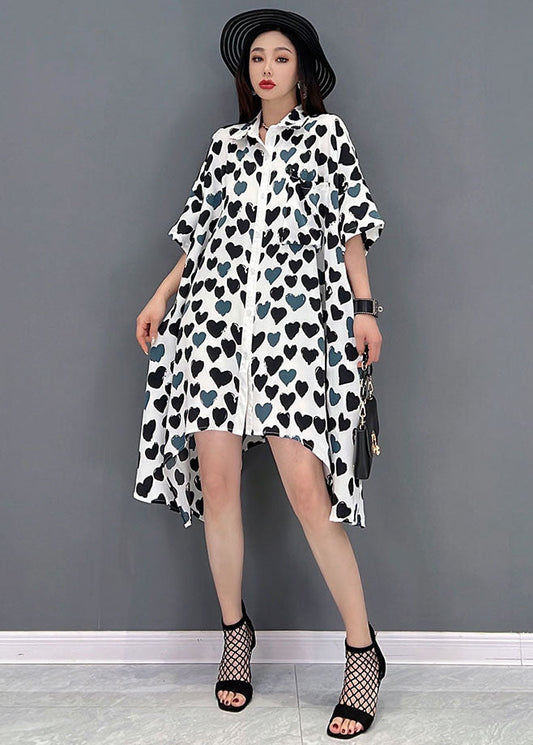 French Grey Peter Pan Collar Asymmetrical Design Heart-Shaped Print Chiffon Shirt Dress Short Sleeve