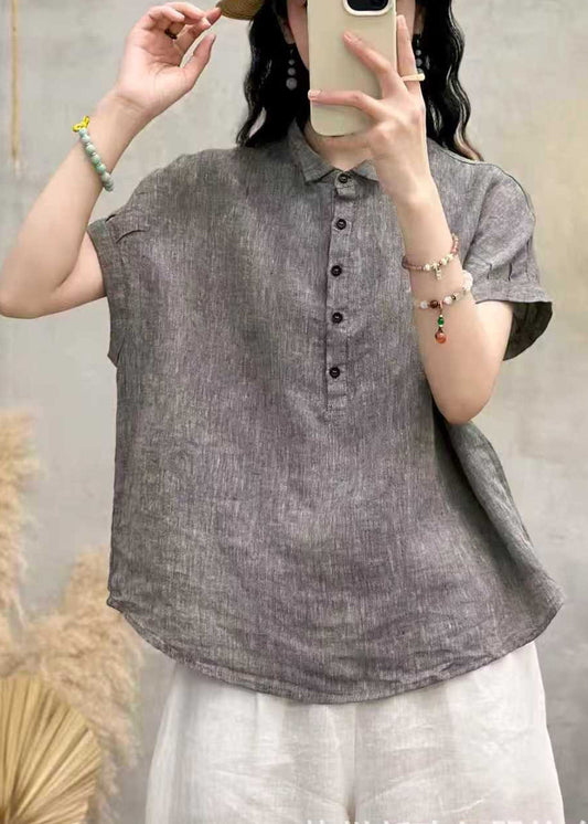 French Grey Peter Pan Collar Linen Loose Shirt Top Summer