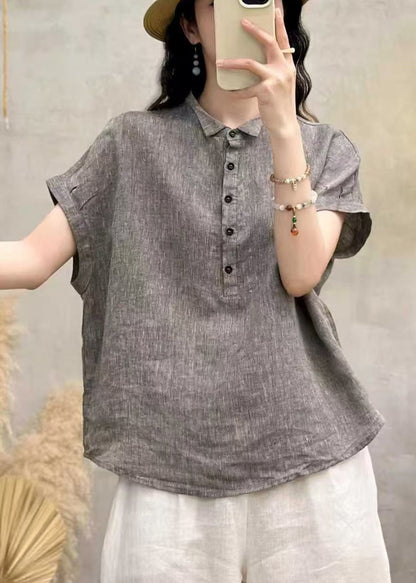 French Grey Peter Pan Collar Linen Loose Shirt Top Summer