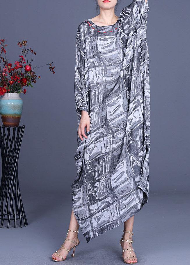 French Grey Print Cotton Linen Side open Party Dress Summer - SooLinen