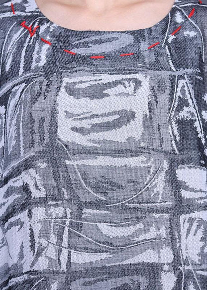 French Grey Print Cotton Linen Side open Party Dress Summer - SooLinen