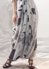 Load image into Gallery viewer, French Grey Print Tie Waist Silk Maxi Dresses Half Sleeve