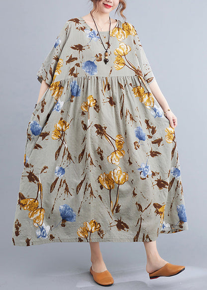 French Grey Print Wrinkled Long Dress Short Sleeve