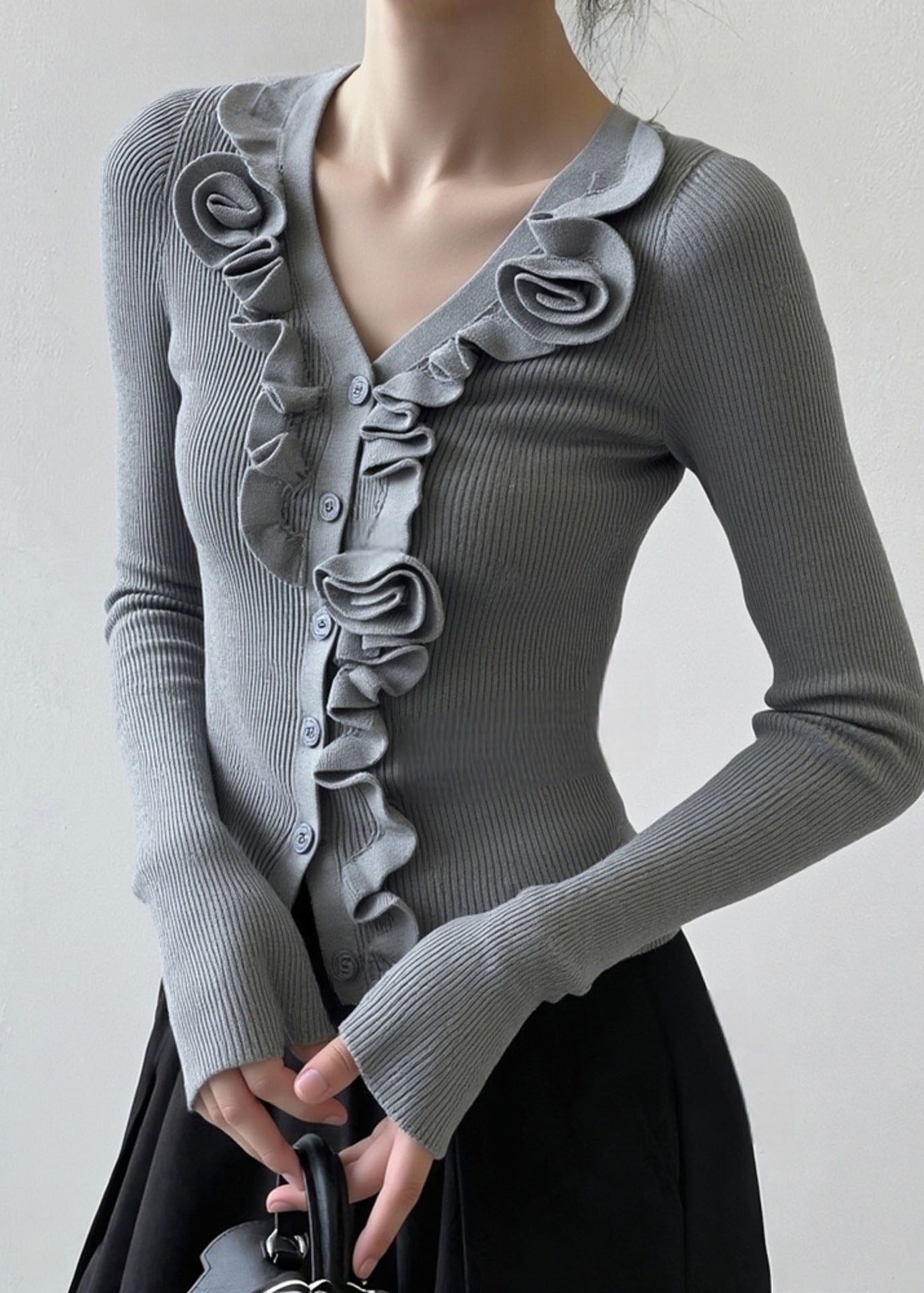 French Grey Ruffled Patchwork Knit Short Sweater Spring