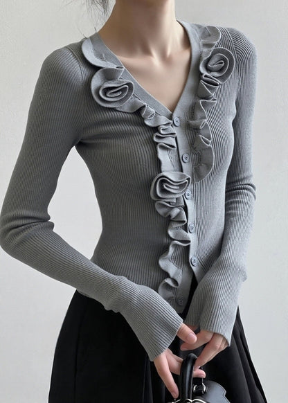 French Grey Ruffled Patchwork Knit Short Sweater Spring