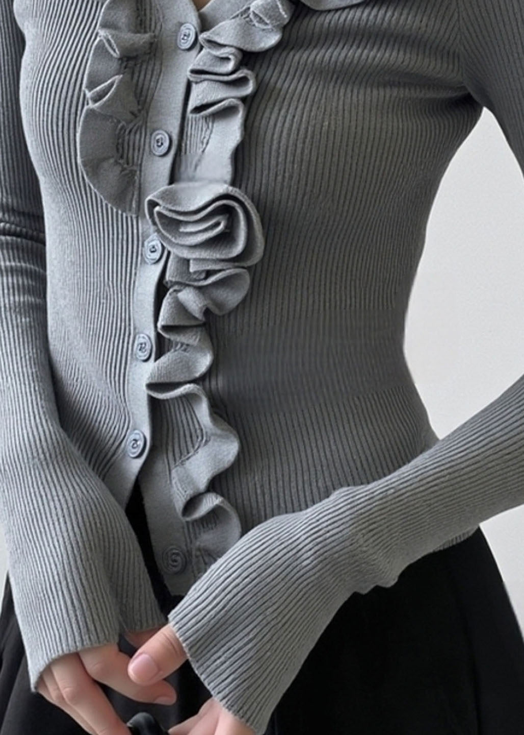 French Grey Ruffled Patchwork Knit Short Sweater Spring