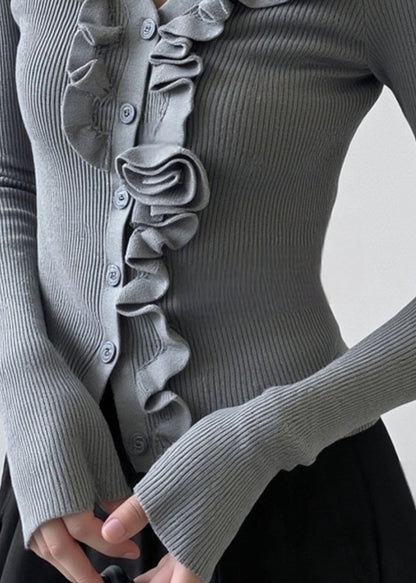 French Grey Ruffled Patchwork Knit Short Sweater Spring