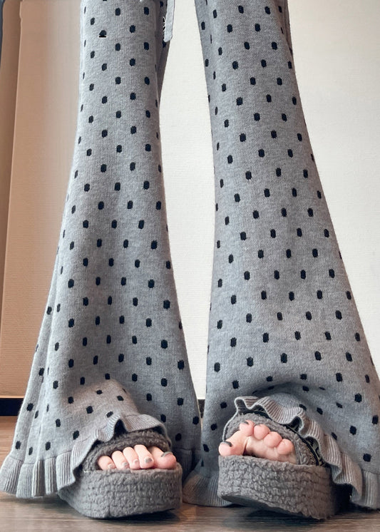 French Grey Ruffled Print Knit Bell-bottom Trousers Winter