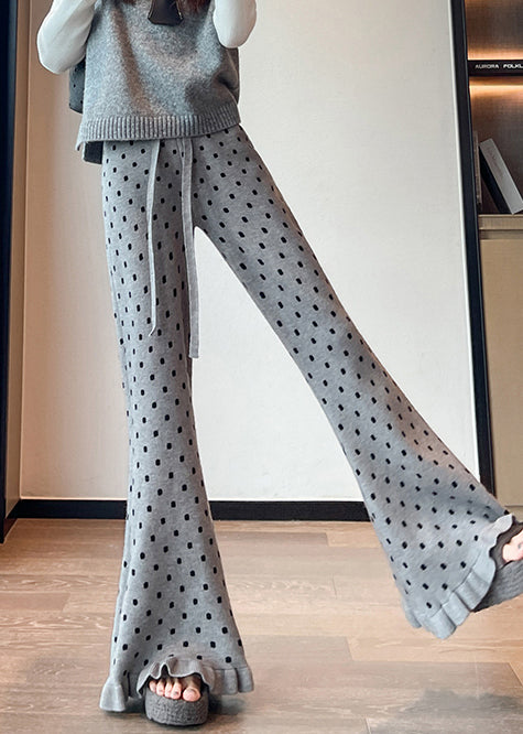 French Grey Ruffled Print Knit Bell-bottom Trousers Winter