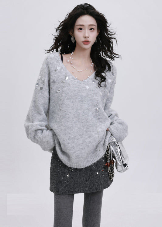 French Grey Sequins Rhinestone Knit Short Sweater Winter