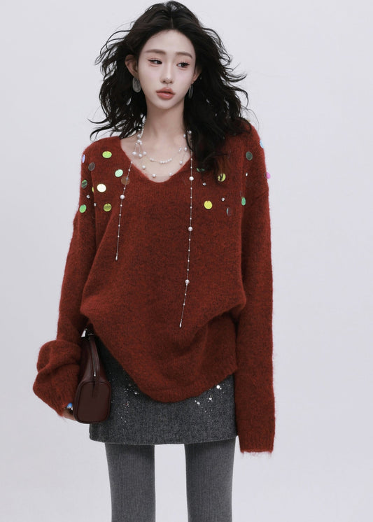 French Grey Sequins Rhinestone Knit Short Sweater Winter