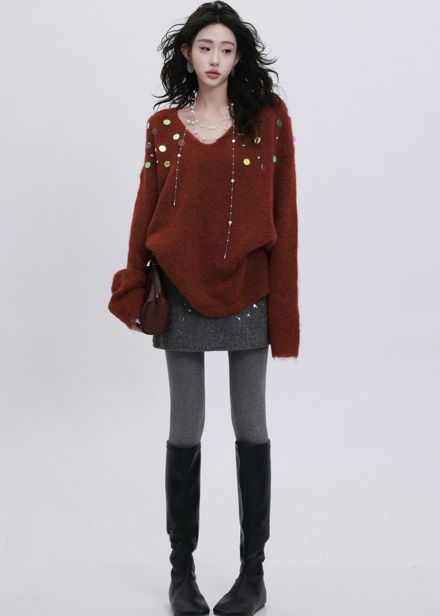 French Grey Sequins Rhinestone Knit Short Sweater Winter