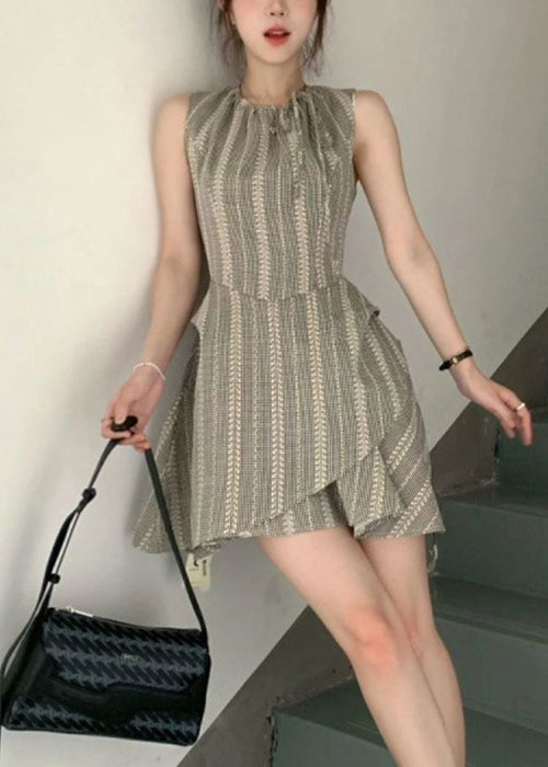 French Grey Striped Lace Up Cotton Mini Dress Sleeveless