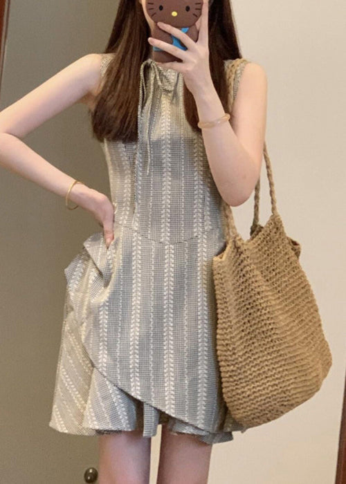 French Grey Striped Lace Up Cotton Mini Dress Sleeveless