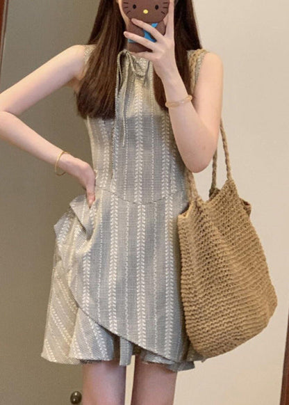 French Grey Striped Lace Up Cotton Mini Dress Sleeveless