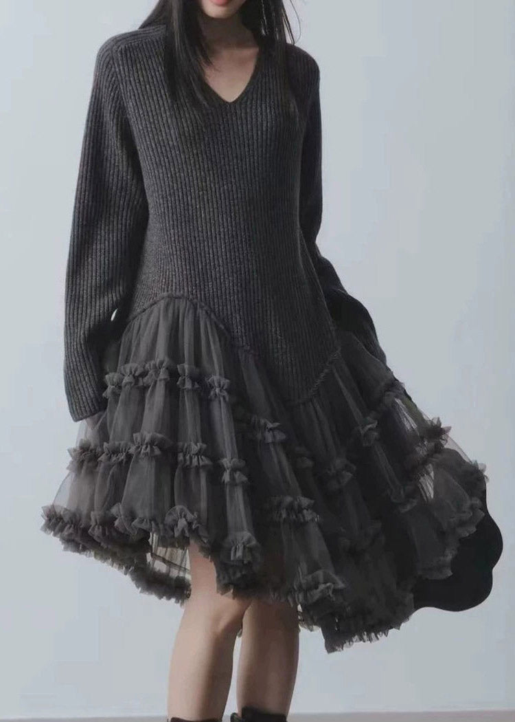 French Grey Tulle Patchwork Long Cotton Knit Sweater Dress Long Sleeve