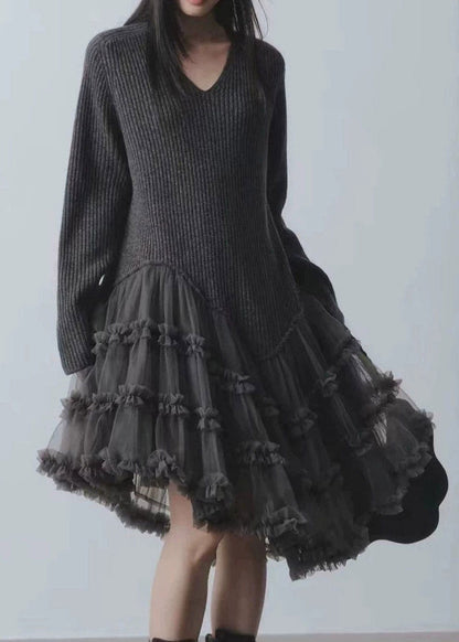 French Grey Tulle Patchwork Long Cotton Knit Sweater Dress Long Sleeve