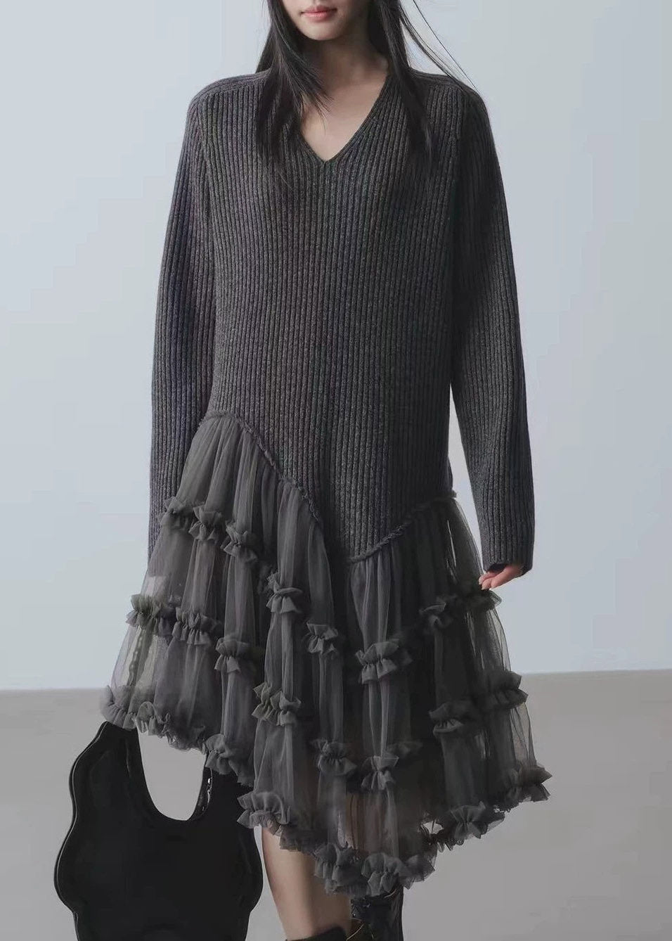 French Grey Tulle Patchwork Long Cotton Knit Sweater Dress Long Sleeve