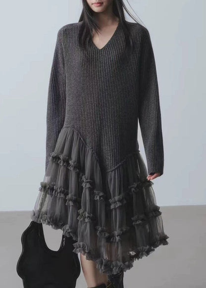 French Grey Tulle Patchwork Long Cotton Knit Sweater Dress Long Sleeve