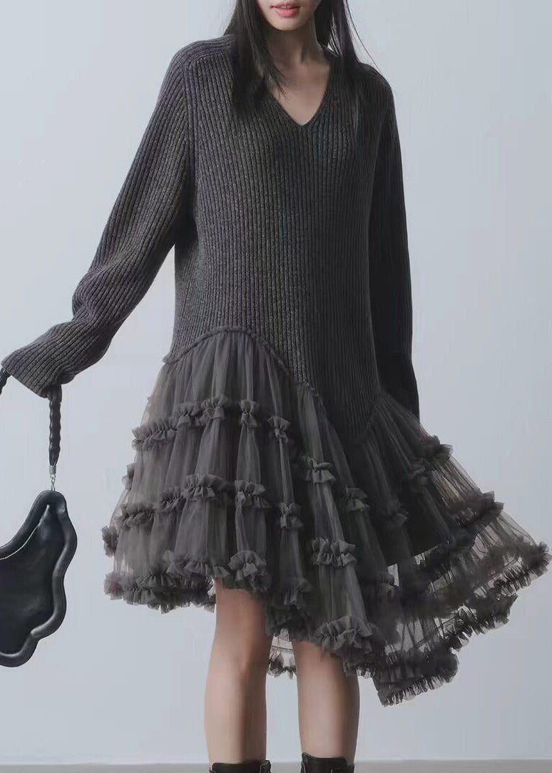 French Grey Tulle Patchwork Long Cotton Knit Sweater Dress Long Sleeve