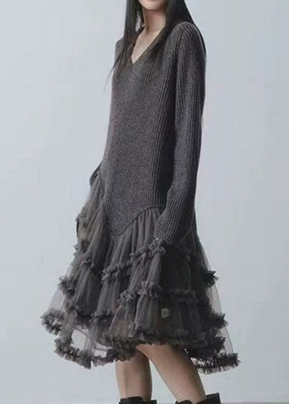 French Grey Tulle Patchwork Long Cotton Knit Sweater Dress Long Sleeve