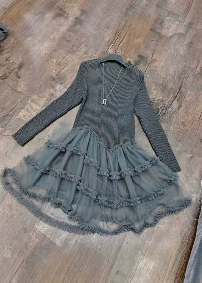 French Grey Tulle Patchwork Long Cotton Knit Sweater Dress Long Sleeve