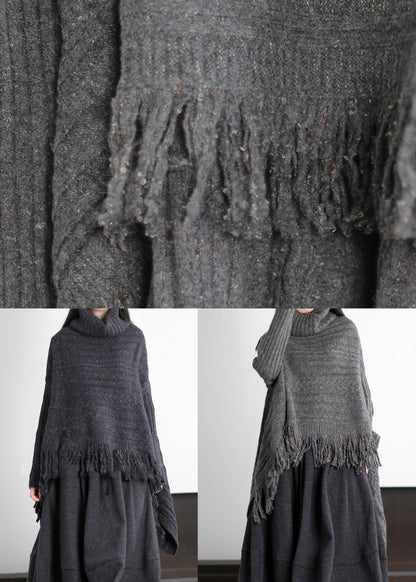 French Grey Turtle Neck Low High Design Knitted Tops Winter