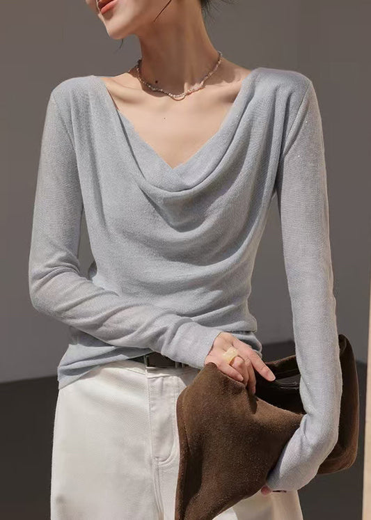 French Grey Turtle Neck Wool Knit Top Spring
