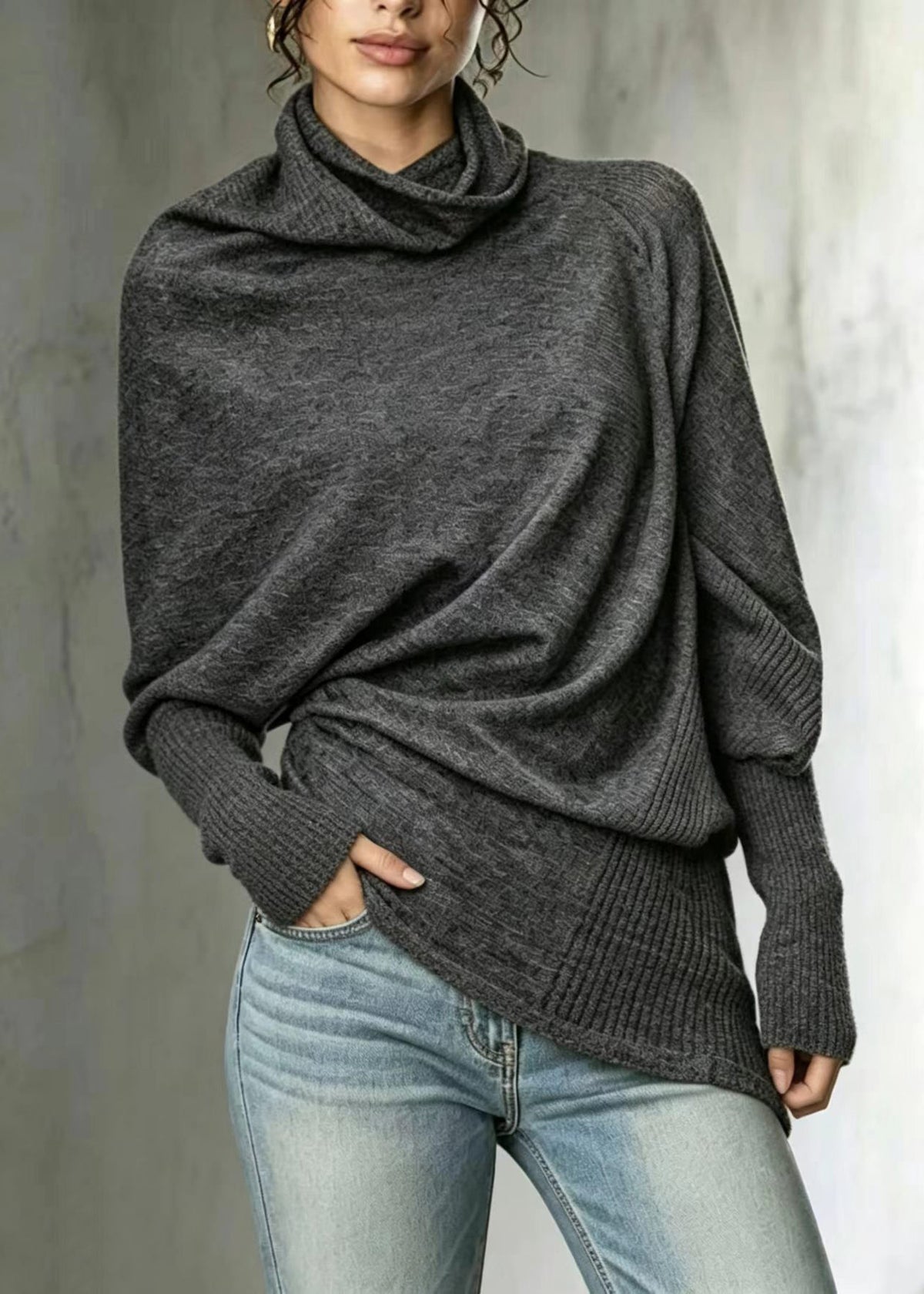 French Grey Turtleneck Asymmetrical Knit Sweaters Batwing Sleeve