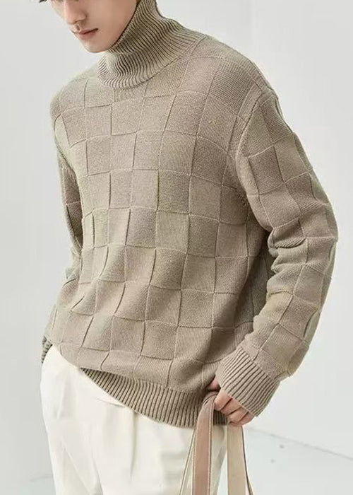 French Grey Turtleneck Plaid Knit Men Sweater Tops Fall