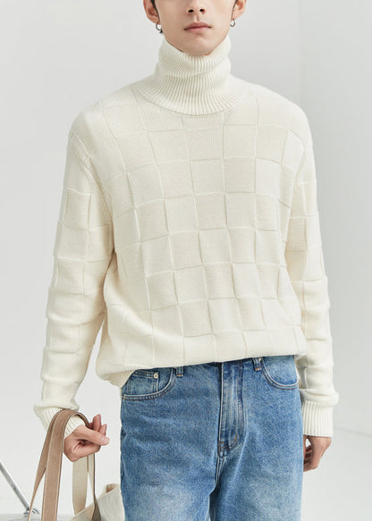 French Grey Turtleneck Plaid Knit Men Sweater Tops Fall