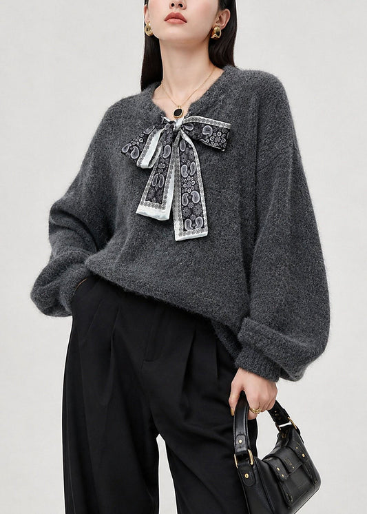 French Grey V Neck Bow Lace Up Knit Sweaters Fall