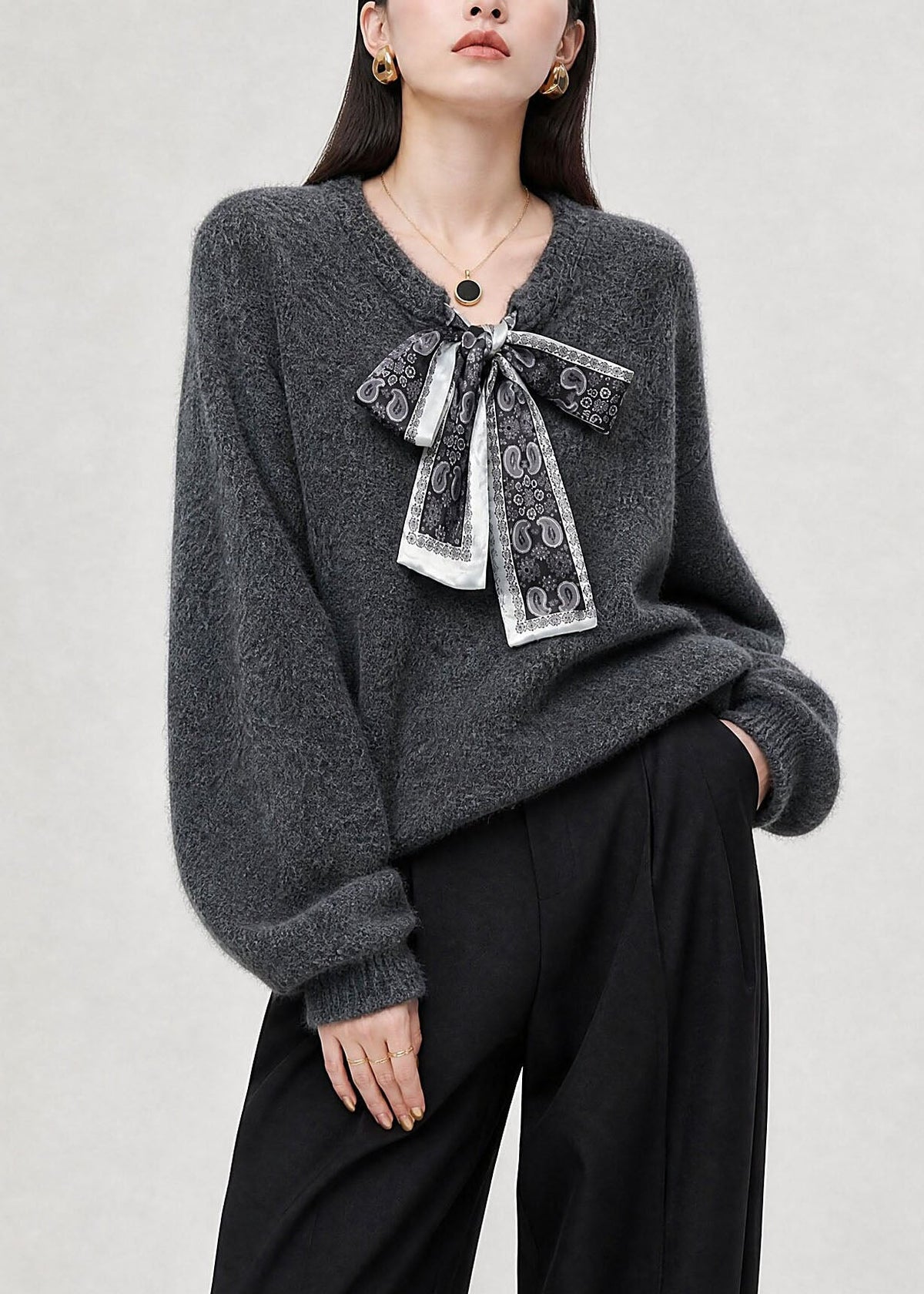 French Grey V Neck Bow Lace Up Knit Sweaters Fall