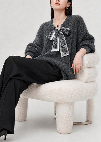 French Grey V Neck Bow Lace Up Knit Sweaters Fall