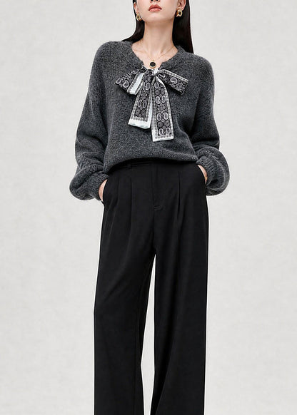 French Grey V Neck Bow Lace Up Knit Sweaters Fall