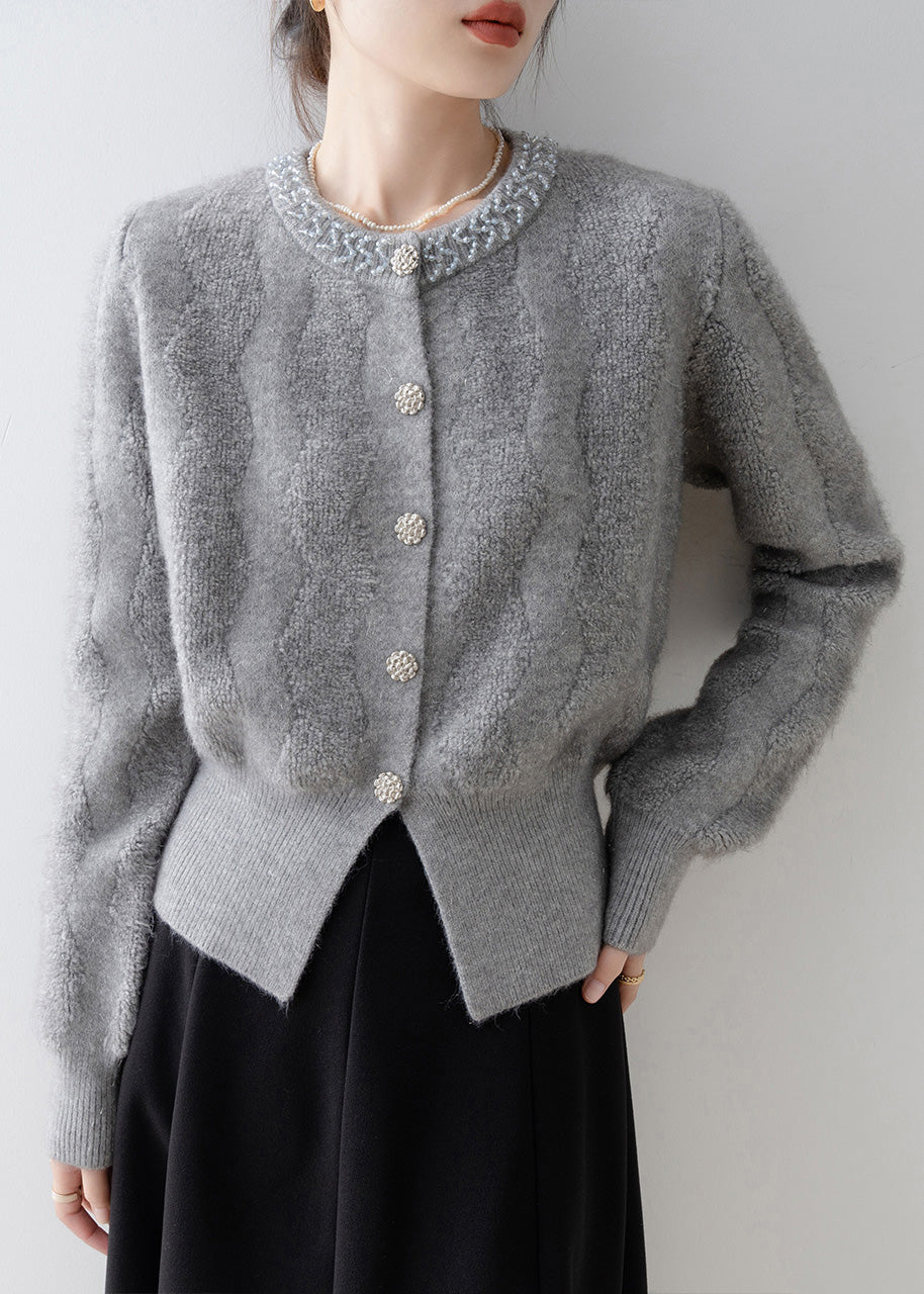 French Grey V Neck Button Knit Cardigans Spring