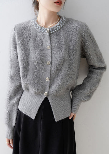 French Grey V Neck Button Knit Cardigans Spring