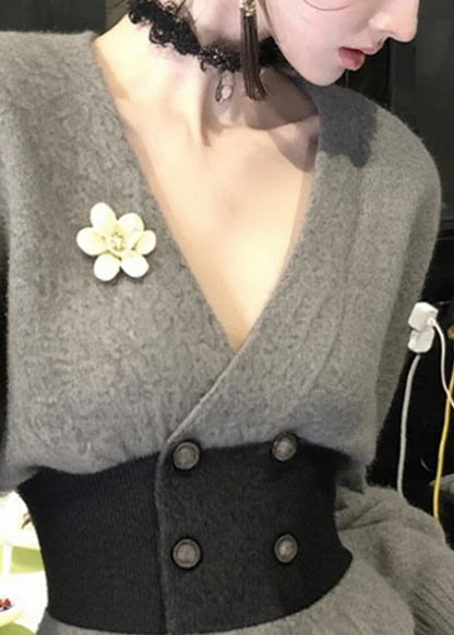 French Grey V Neck Button Patchwork Knit Coats Winter