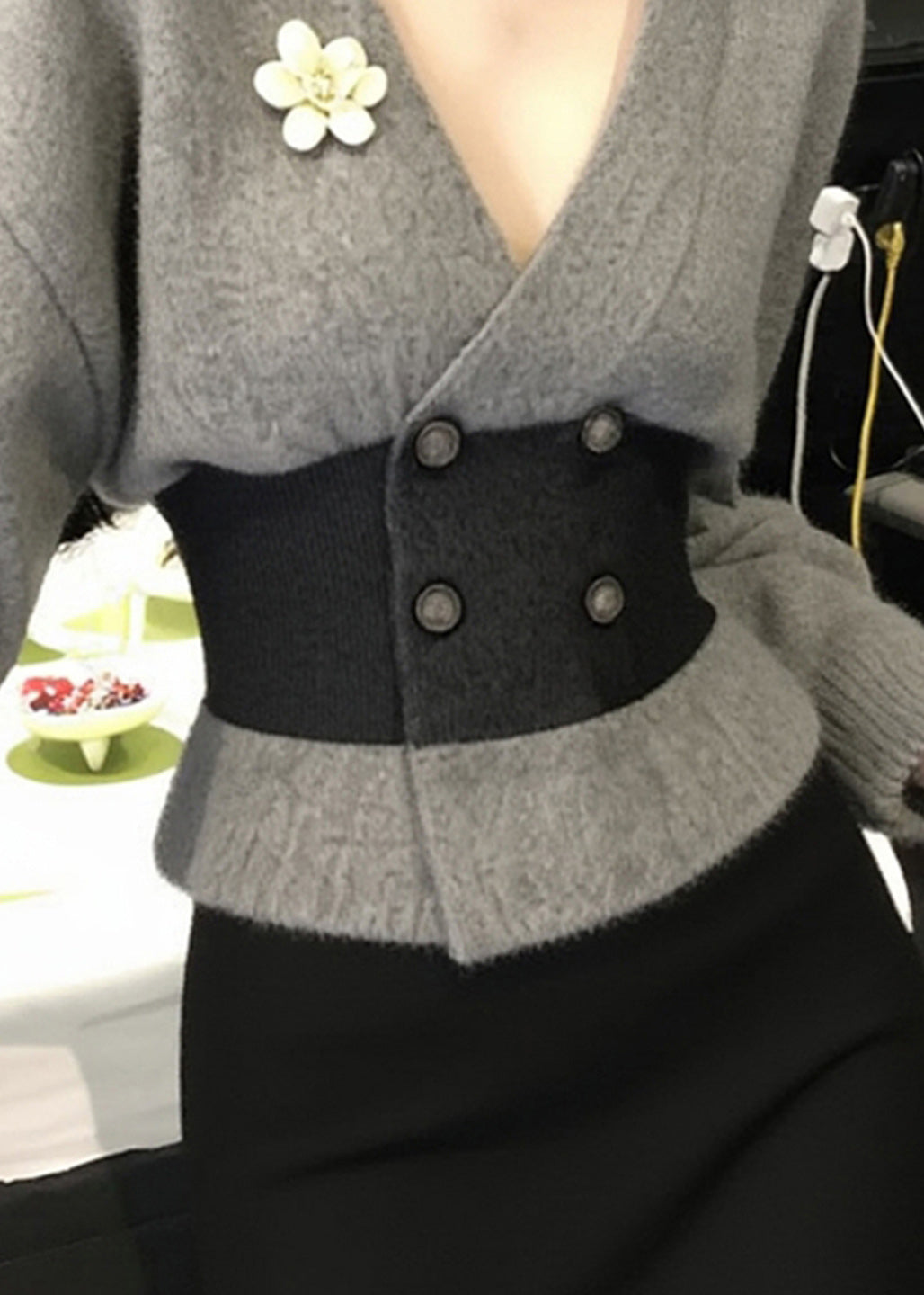 French Grey V Neck Button Patchwork Knit Coats Winter