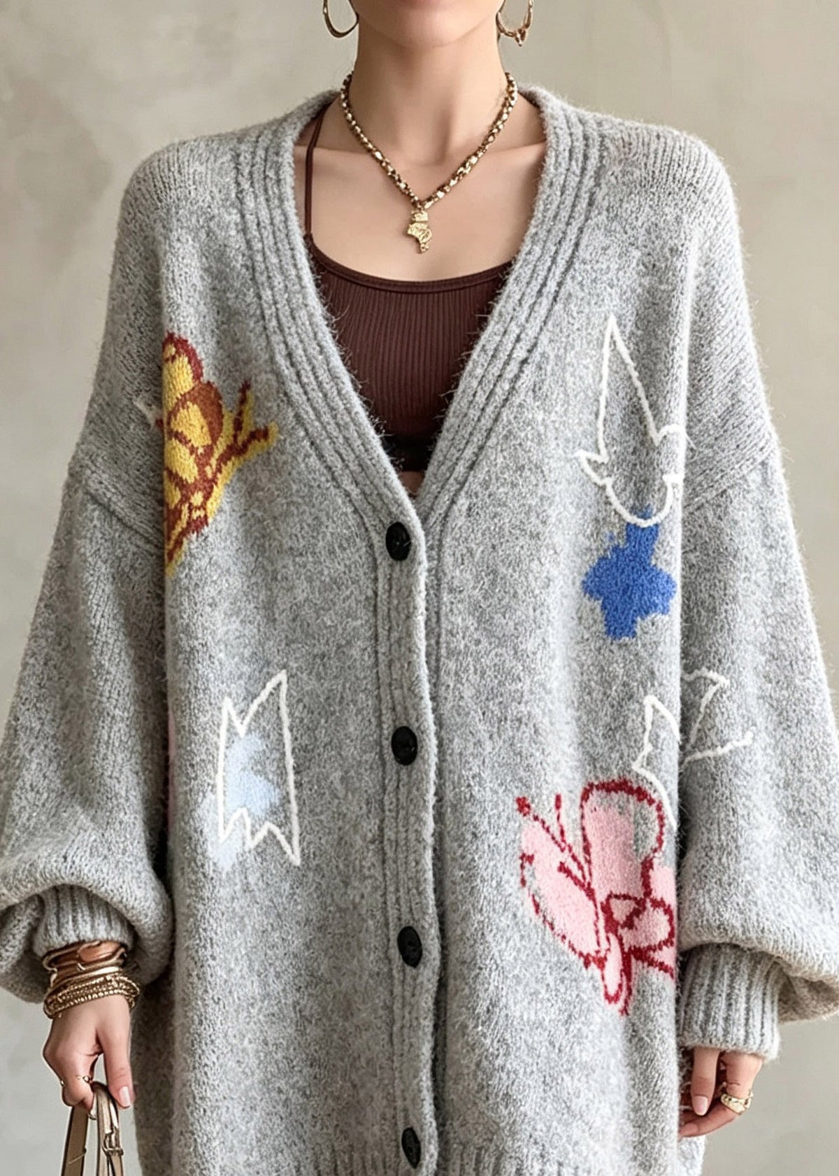 French Grey V Neck Cotton Knit Cardigans Lantern Sleeve