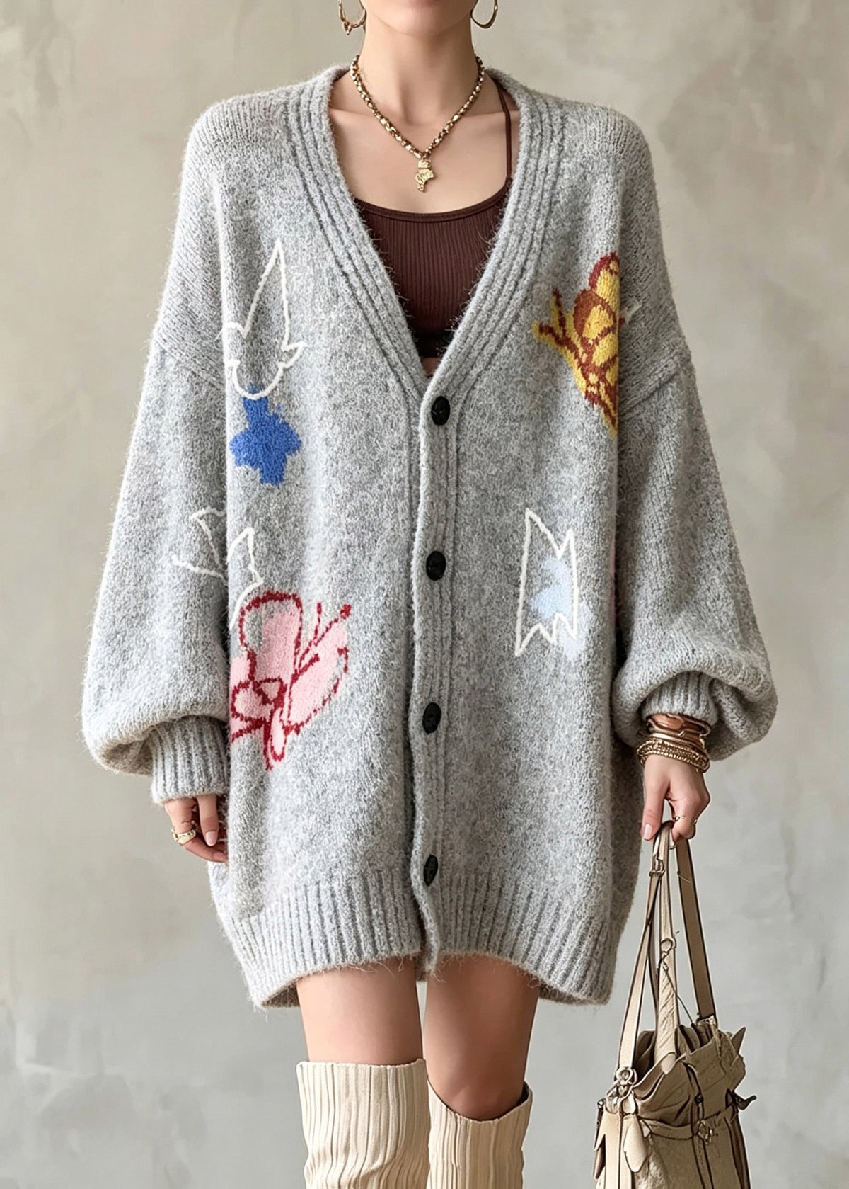 French Grey V Neck Cotton Knit Cardigans Lantern Sleeve