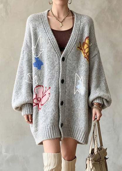 French Grey V Neck Cotton Knit Cardigans Lantern Sleeve