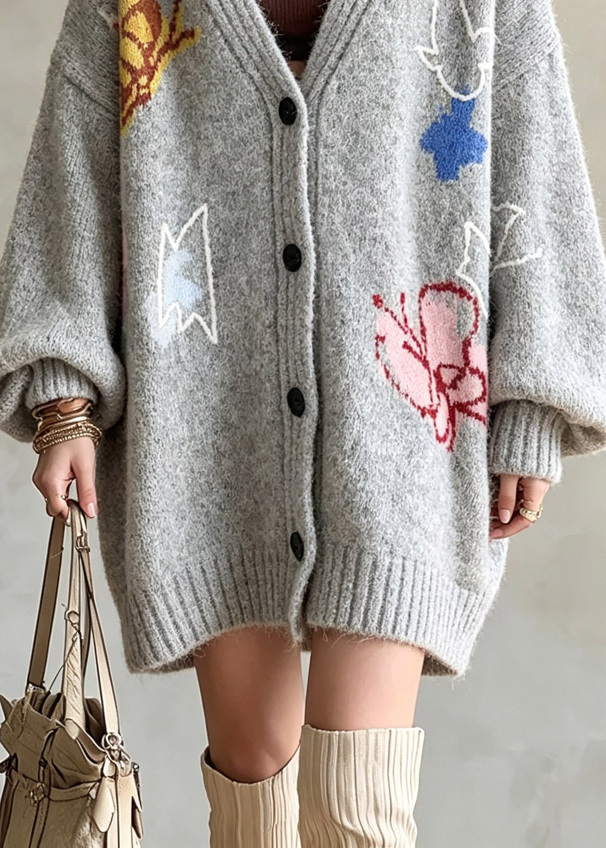 French Grey V Neck Cotton Knit Cardigans Lantern Sleeve